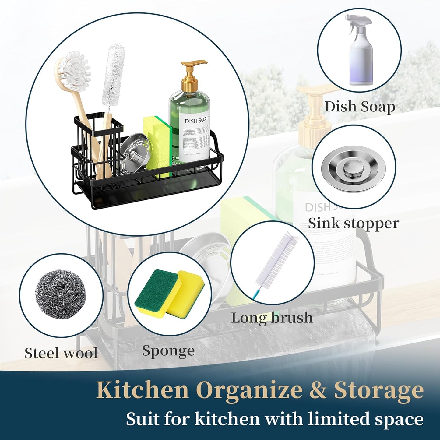 Sponge Holder for Kitchen Sink - Sink Caddy with Stainless Steel Self Drain Tray, Sink Organizer with High Brush Holder Countertop for Kitchen Sink Accessories, Black