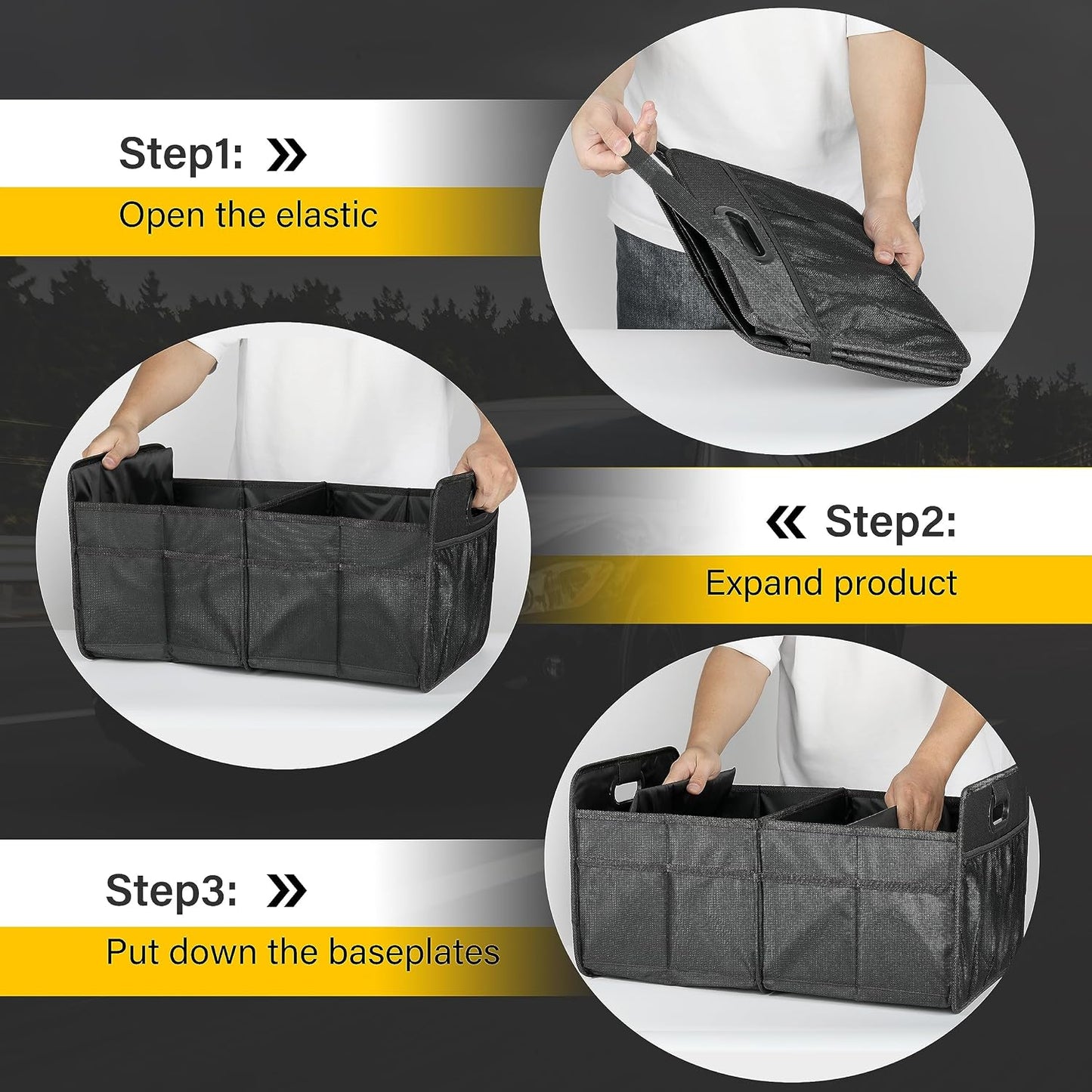 Trunk Organizer for Car/Suv/Truck, Collapsible 2 Compartment Automotive Storage Box, 600D Waterproof Oxford Polyester 50L Travel Accessories, Anti-Slip & Leak-Proof, Black New