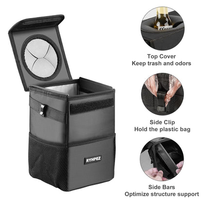 Car Trash Can with Lid - Leakproof Trash Bin Car Garbage Can, Collapsible Automotive Truck Organizer and Storage Bag Car Accessories for Women Men Road Trip Essentials