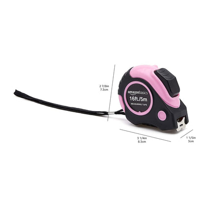 Retractable Tape Measure with Metric and SAE Measurements, 16Ft/5M, Belt Clip, Readable, Pink