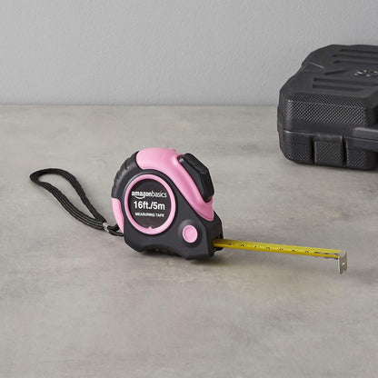 Retractable Tape Measure with Metric and SAE Measurements, 16Ft/5M, Belt Clip, Readable, Pink