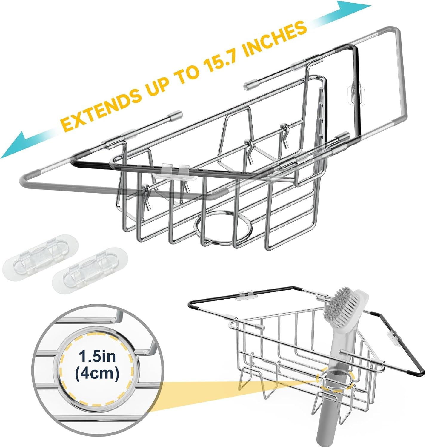 Extendable Arm Stainless Steel Kitchen Sink Corner Caddy, Easy Install Space-Saving Adjustable Sponge Holder, Non-Slip Rust-Resistant for Brushes, Soap, Sponges (Silver)