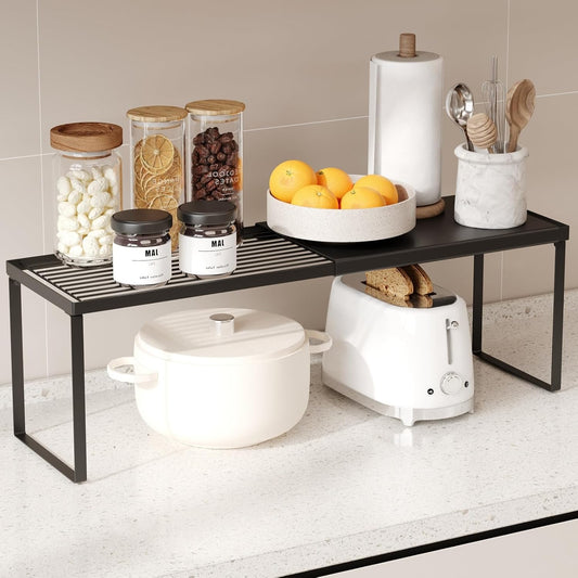 Expandable Cabinet Shelf Organizer, 1 Pack Stackable Kitchen Counter Shelf Riser, Metal Spice Rack Heavy Duty Countertop Organizer Storage for Kitchen, Pantry, Cupboard, Rv (8.7In Height,Black)