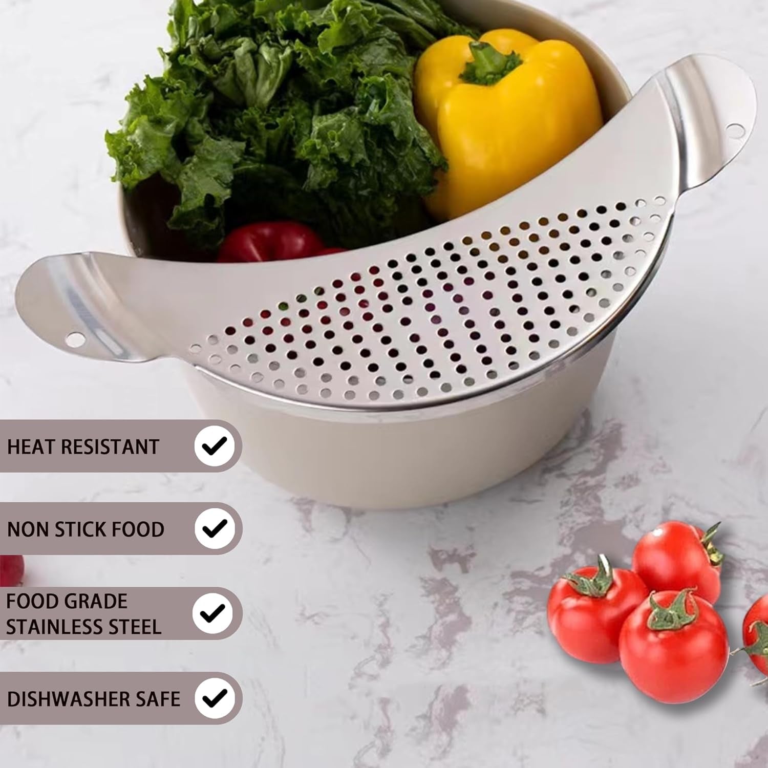 Pot Strainer Stainless Steel, Pasta Strainer, Premium Metal Food Strainer for Noodles Fruit Veggies, Suitable for Pots or Containers up to 10 Inches
