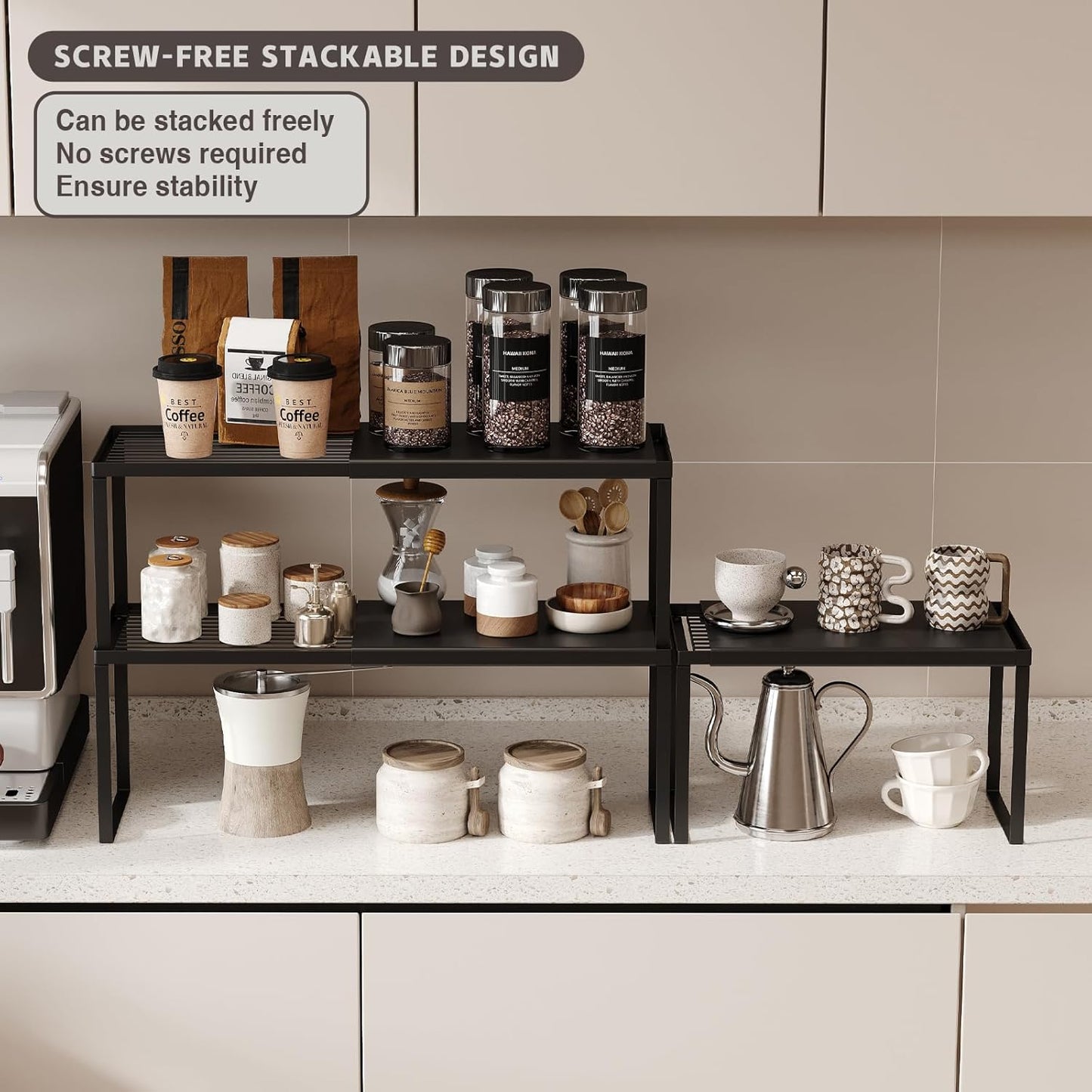 Expandable Cabinet Shelf Organizer, 1 Pack Stackable Kitchen Counter Shelf Riser, Metal Spice Rack Heavy Duty Countertop Organizer Storage for Kitchen, Pantry, Cupboard, Rv (8.7In Height,Black)