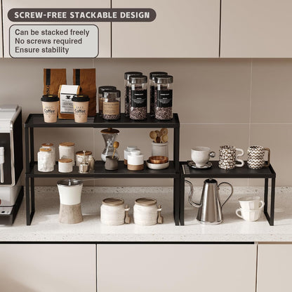 Expandable Cabinet Shelf Organizer, 1 Pack Stackable Kitchen Counter Shelf Riser, Metal Spice Rack Heavy Duty Countertop Organizer Storage for Kitchen, Pantry, Cupboard, Rv (8.7In Height,Black)