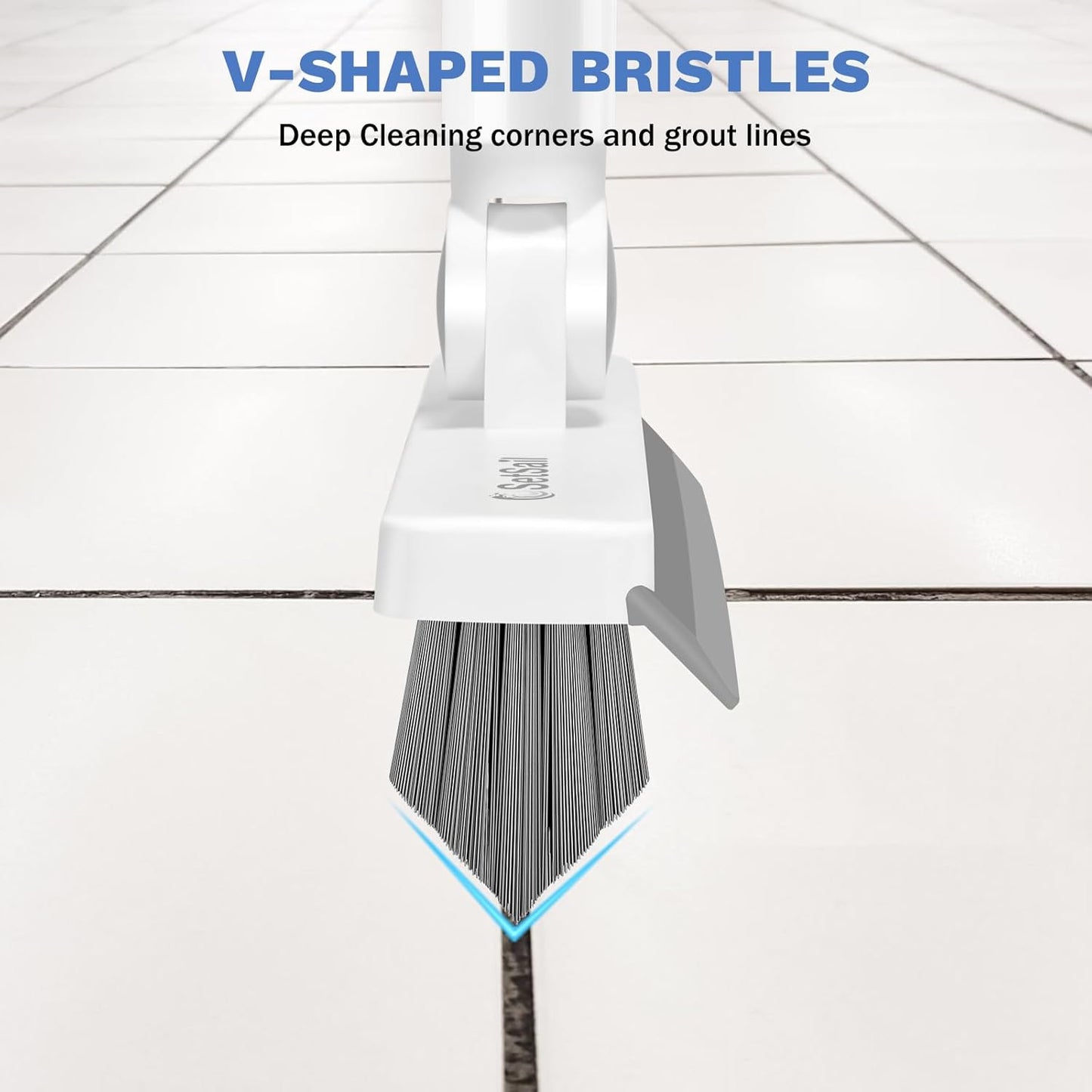 Grout Cleaner Brush with Long Handle, V-Shaped Floor Scrub Brush Swivel Grout Brush Stiff Bristle Floor Grout Scrubber for Bathroom, Tile Line, Crevice, Kitchen, Wall, Deck, Garage, White Grey