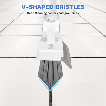 Grout Cleaner Brush with Long Handle, V-Shaped Floor Scrub Brush Swivel Grout Brush Stiff Bristle Floor Grout Scrubber for Bathroom, Tile Line, Crevice, Kitchen, Wall, Deck, Garage, White Grey
