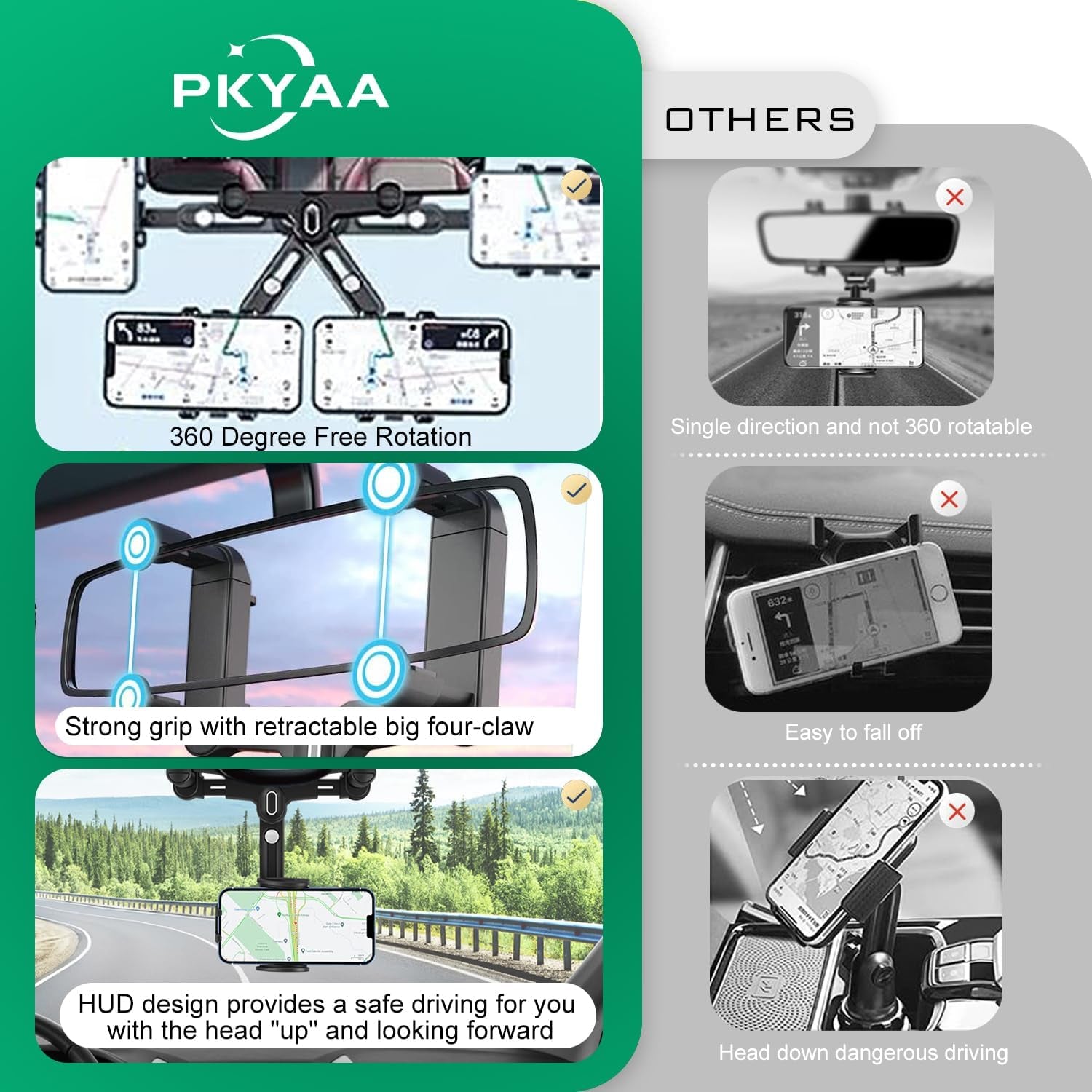 Rearview Mirror Phone Holder for Car, 360° Rotating Rear View Mount with Adjustable Arm Length, Upgraded Four Corners Fixed Anti-Shake Multifunctional Design for All Smartphones