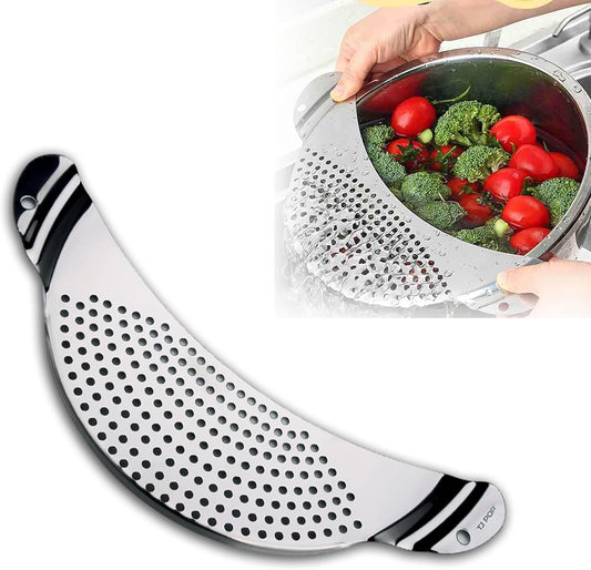 Pot Strainer Stainless Steel, Pasta Strainer, Premium Metal Food Strainer for Noodles Fruit Veggies, Suitable for Pots or Containers up to 10 Inches