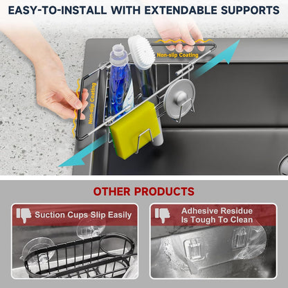 Extendable Arm Stainless Steel Kitchen Sink Corner Caddy, Easy Install Space-Saving Adjustable Sponge Holder, Non-Slip Rust-Resistant for Brushes, Soap, Sponges (Silver)