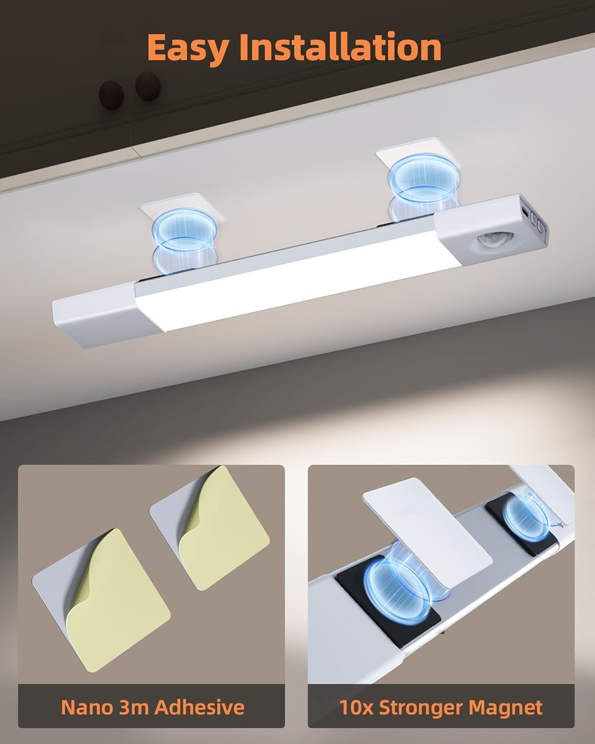 3 Pack 8” Motion Sensor Light Indoor Rechargeable, Stick on under Cabinet Lighting Wireless, 30 Leds Closet Light, Dimmable, 3 Color Temps, Counter Lights for Wardrobe, Pantry, Bedroom, Kitchen