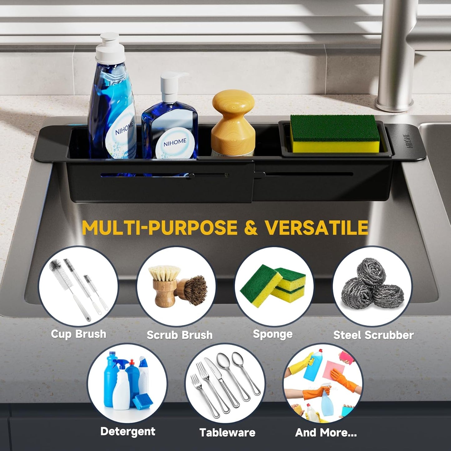 Extendable over Sink Kitchen Organizer, Small Telescopic Brush Storage Rack for Sponge, Non-Slip Pads Expandable Sink Caddy, Adjustable Sponge/Brush Rack with Drainage Durable ABS (Black)