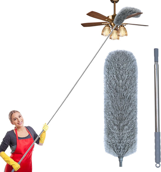 Microfiber Feather Duster with Extendable Pole, 100-Inch Extra-Long Dusters Telescoping Cobweb Duster for Cleaning, Bendable and Washable Microfiber Head, Duster for High Ceiling, Fan, Furniture