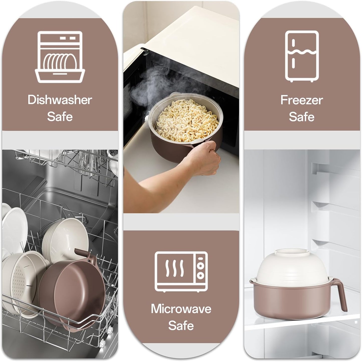 50 Oz Large Ramen Bowl, Microwave Ramen Cooker, Noodle Pasta Cooker with Lid and Strainer, Steamer for Vegetables, College Dorm Essentials for Girls Guys (Beige)