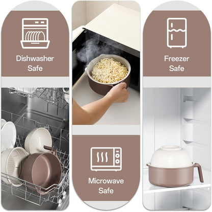50 Oz Large Ramen Bowl, Microwave Ramen Cooker, Noodle Pasta Cooker with Lid and Strainer, Steamer for Vegetables, College Dorm Essentials for Girls Guys (Beige)