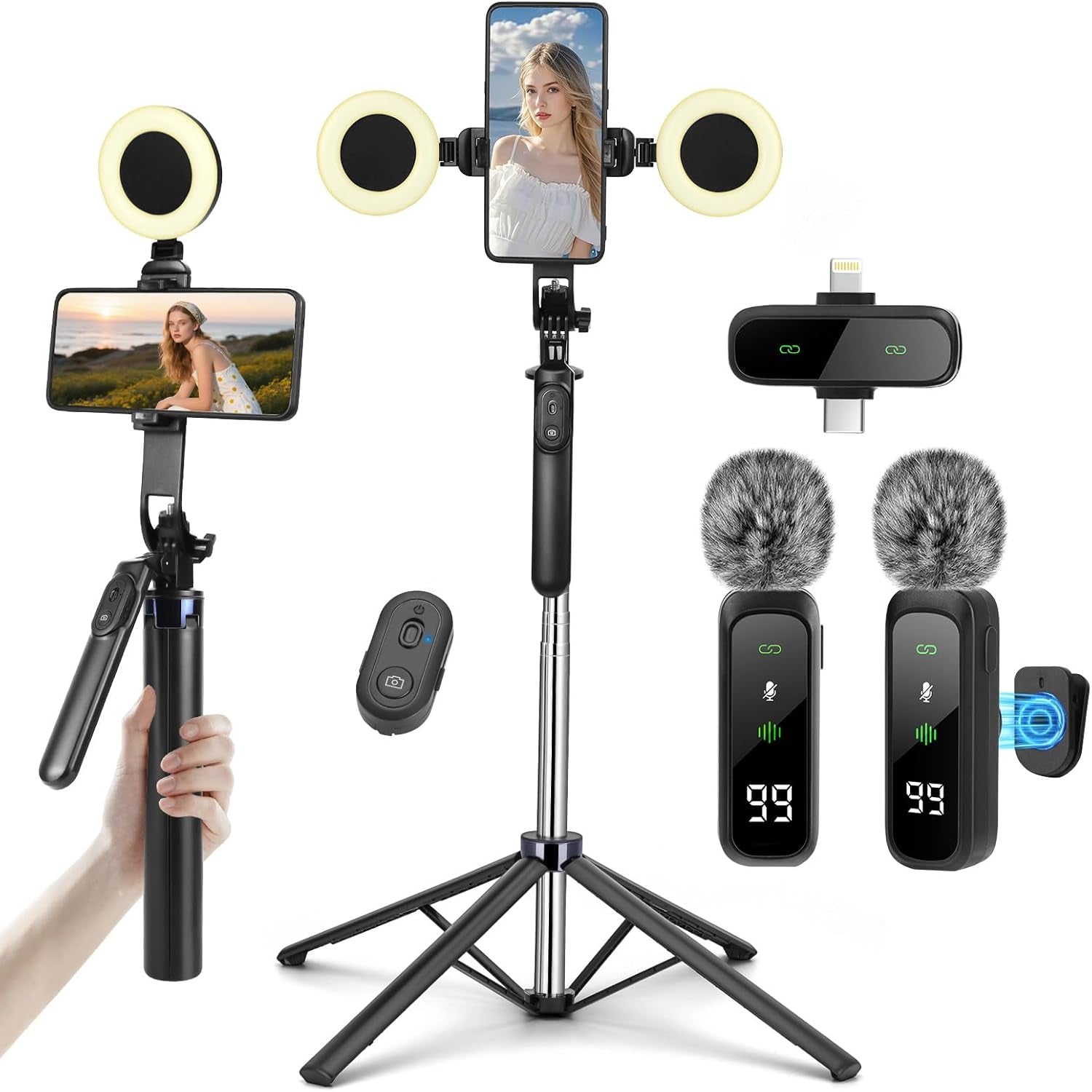 Content Creator Vlogging Kit,180Cm Metal Selfie Stick Tripod with Light and Wireless Microphones,Vlogging Kit for Iphone/Android,Phone Tripod for Tiktok &Youtube Starter Kit