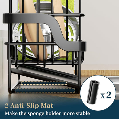 Sponge Holder for Kitchen Sink - Sink Caddy with Stainless Steel Self Drain Tray, Sink Organizer with High Brush Holder Countertop for Kitchen Sink Accessories, Black
