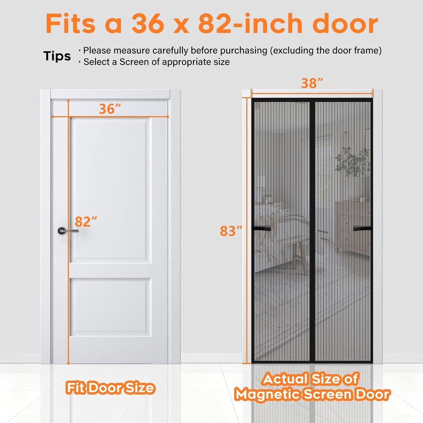 Magnetic Screen Door, Screen Door Mesh, Heavy-Duty Mesh Curtain, Door Net Keep Bugs Out, Hands Free Partition, Screen Size 38” × 83”, Fits 36” × 82” Doors, Pet & Kid Friendly, Black