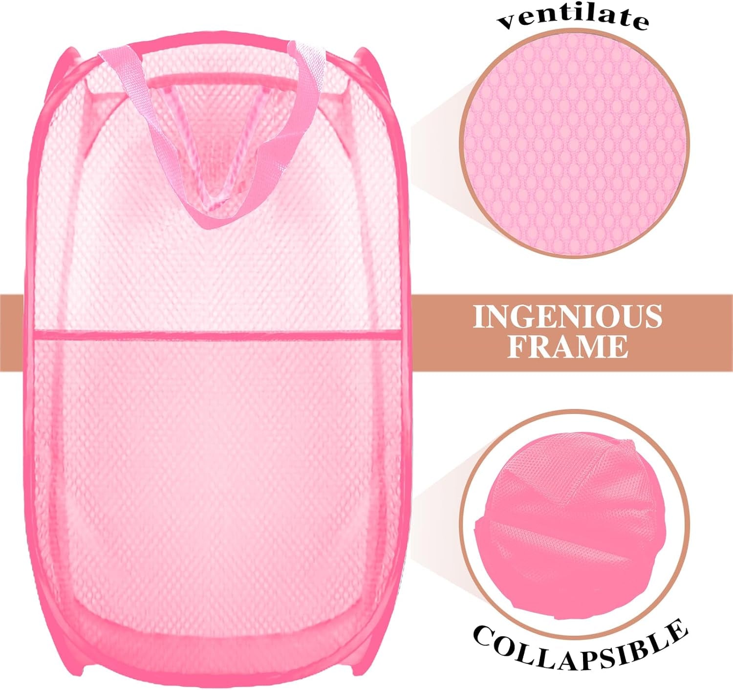 Collapsible Pop up Laundry Hamper, Extra Large Mesh Foldable Laundry Basket Bag, 28" X 16" X 16", 2 Pack (Black + Pink)