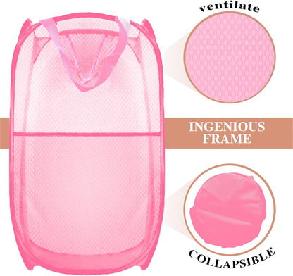 Collapsible Pop up Laundry Hamper, Extra Large Mesh Foldable Laundry Basket Bag, 28" X 16" X 16", 2 Pack (Black + Pink)