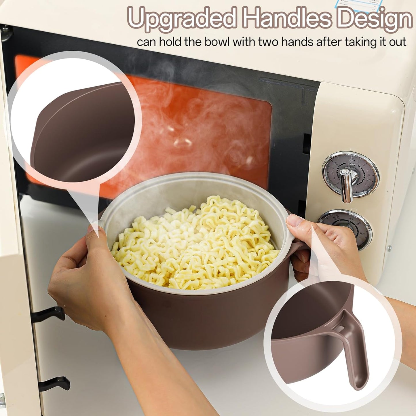50 Oz Large Ramen Bowl, Microwave Ramen Cooker, Noodle Pasta Cooker with Lid and Strainer, Steamer for Vegetables, College Dorm Essentials for Girls Guys (Beige)