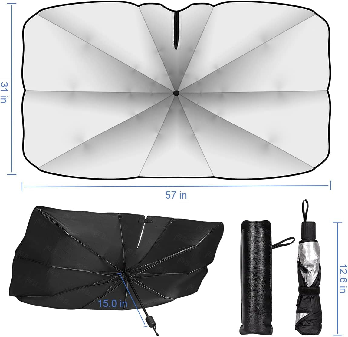 [2026 Upgraded] Sedan SUV Car Sun Shade for Windshield UV Rays and Heat Sun Visor Protector, Foldable Windshield Sun Shade Umbrella,Keep Car Cool,Easy to Use/Store,57''X 30''