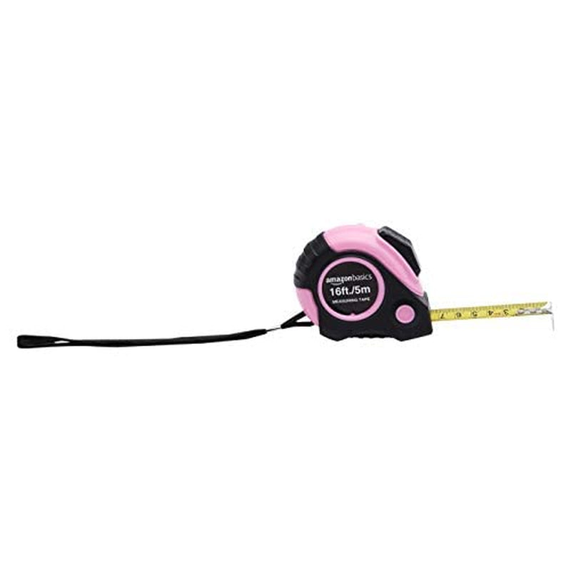 Retractable Tape Measure with Metric and SAE Measurements, 16Ft/5M, Belt Clip, Readable, Pink