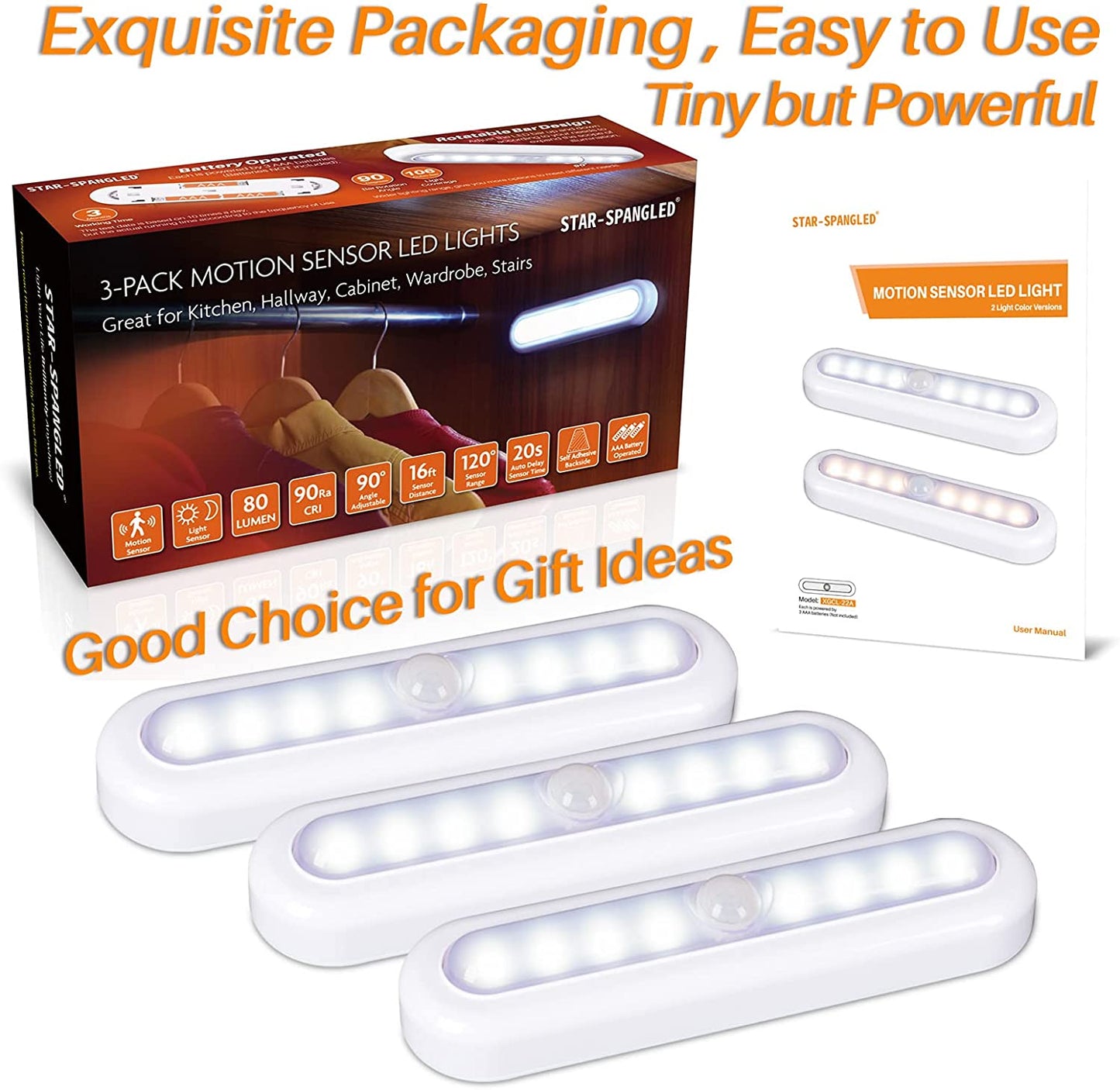 3 Pack 7” Motion Sensor Lights Indoor Battery Operated, Stick on LED Light for Closet, Stairs, under Cabinet, Cool White