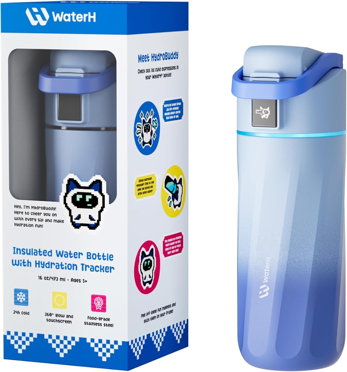 BOOST Smart Water Bottle with Reminder & Tracker, 16Oz Kids Water Bottle for School, DIY Refrigerator Magnets, Bpa-Free Vacuum Insulated Stainless Steel, Ideal for Travel, Camping