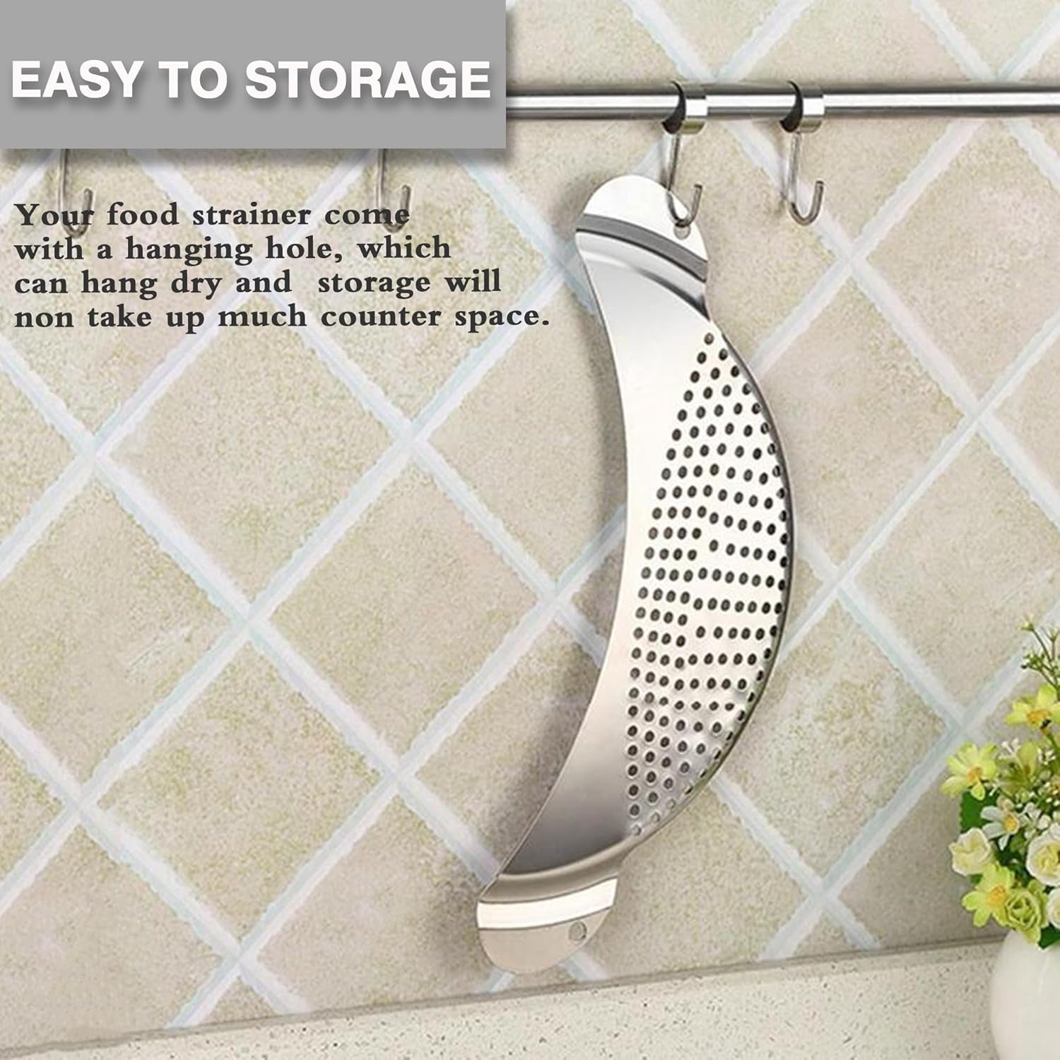 Pot Strainer Stainless Steel, Pasta Strainer, Premium Metal Food Strainer for Noodles Fruit Veggies, Suitable for Pots or Containers up to 10 Inches