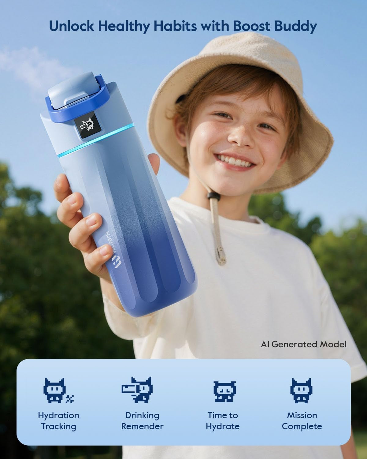 BOOST Smart Water Bottle with Reminder & Tracker, 16Oz Kids Water Bottle for School, DIY Refrigerator Magnets, Bpa-Free Vacuum Insulated Stainless Steel, Ideal for Travel, Camping