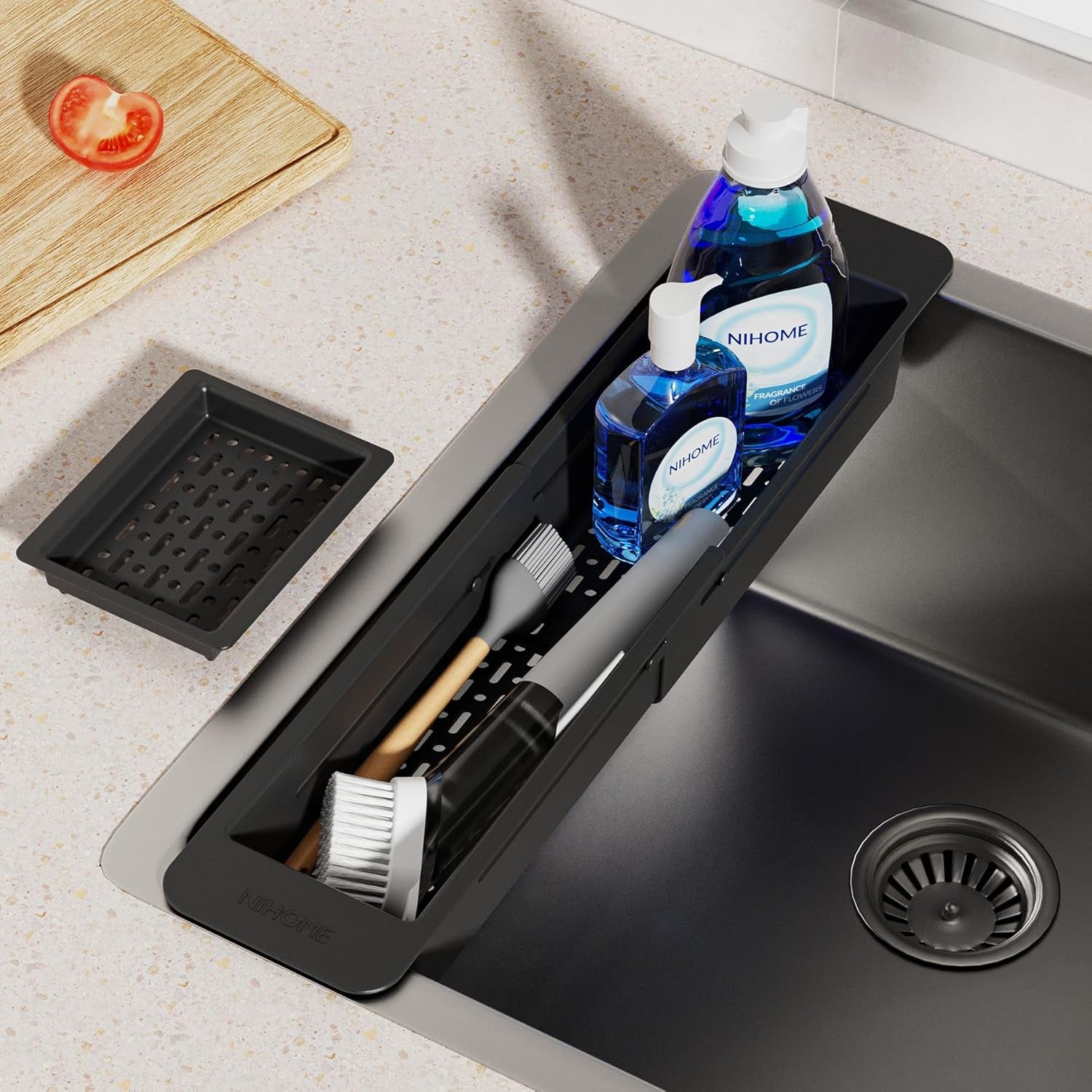Extendable over Sink Kitchen Organizer, Small Telescopic Brush Storage Rack for Sponge, Non-Slip Pads Expandable Sink Caddy, Adjustable Sponge/Brush Rack with Drainage Durable ABS (Black)
