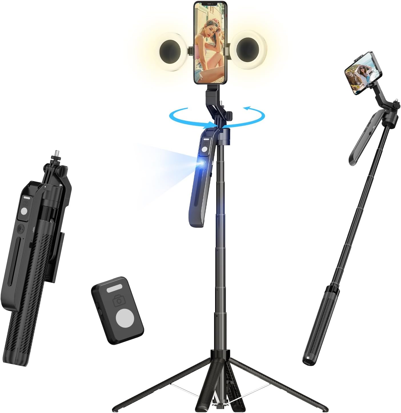 70.9" Auto Face Tracking Selfie Stick Tripod for Iphone Android with Lights, No App, 360°Rotation Tripod That Follows Your Movement with Remote Control for Live Streaming, Tiktok, Youtube