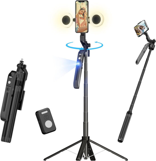 70.9" Auto Face Tracking Selfie Stick Tripod for Iphone Android with Lights, No App, 360°Rotation Tripod That Follows Your Movement with Remote Control for Live Streaming, Tiktok, Youtube