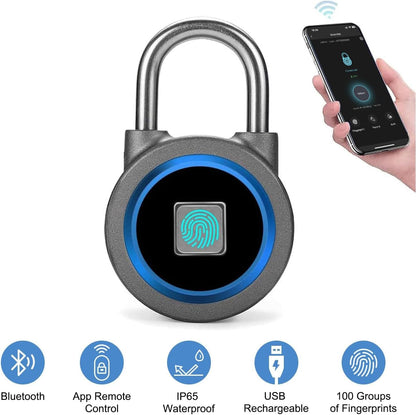 Fingerprint Padlock Gym Locker Lock, Smart Biometric Padlock Bluetooth Keyless Padlock, Rechargeable Waterproof Master Lock for Gym Locker, School Locker, Gate, Fence, Shed, Garage (Blue)