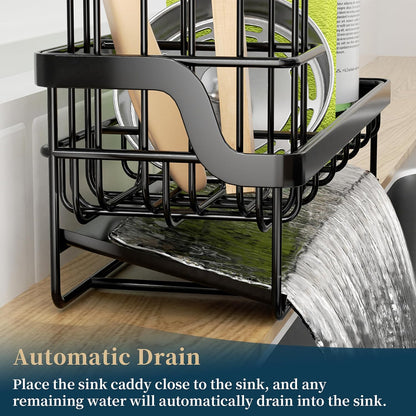 Sponge Holder for Kitchen Sink - Sink Caddy with Stainless Steel Self Drain Tray, Sink Organizer with High Brush Holder Countertop for Kitchen Sink Accessories, Black