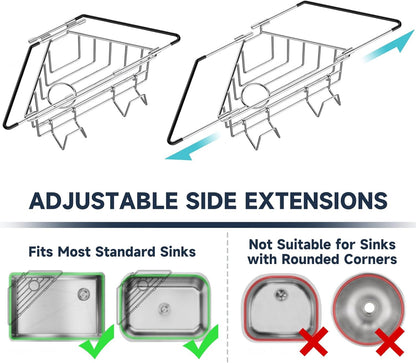 Extendable Arm Stainless Steel Kitchen Sink Corner Caddy, Easy Install Space-Saving Adjustable Sponge Holder, Non-Slip Rust-Resistant for Brushes, Soap, Sponges (Silver)