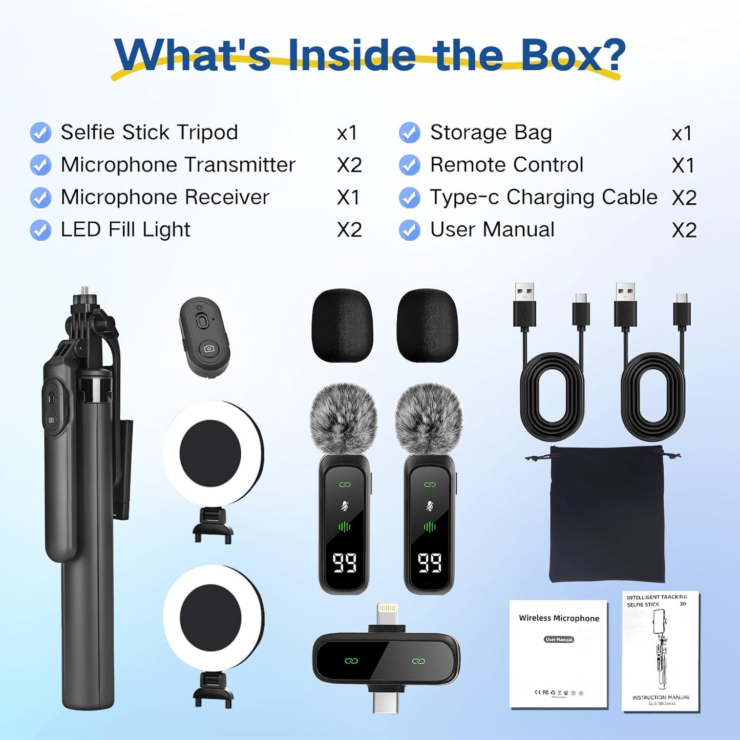 Content Creator Vlogging Kit,180Cm Metal Selfie Stick Tripod with Light and Wireless Microphones,Vlogging Kit for Iphone/Android,Phone Tripod for Tiktok &Youtube Starter Kit