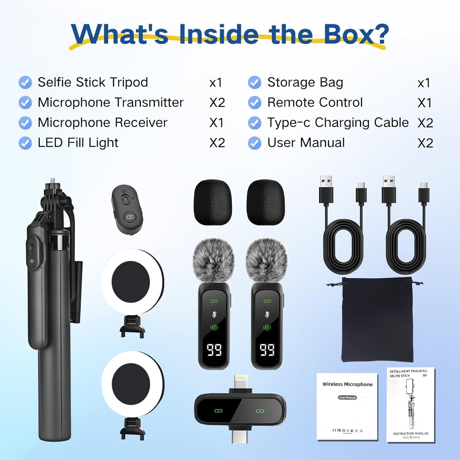 Content Creator Vlogging Kit,180Cm Metal Selfie Stick Tripod with Light and Wireless Microphones,Vlogging Kit for Iphone/Android,Phone Tripod for Tiktok &Youtube Starter Kit