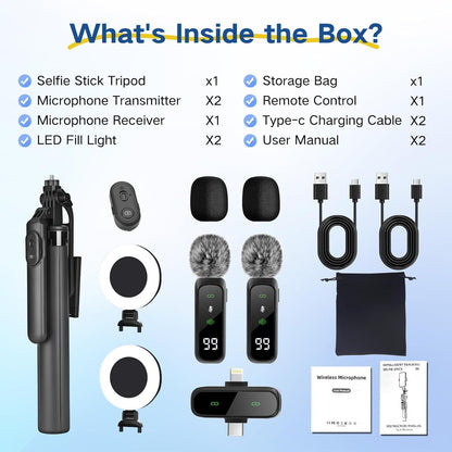 Content Creator Vlogging Kit,180Cm Metal Selfie Stick Tripod with Light and Wireless Microphones,Vlogging Kit for Iphone/Android,Phone Tripod for Tiktok &Youtube Starter Kit