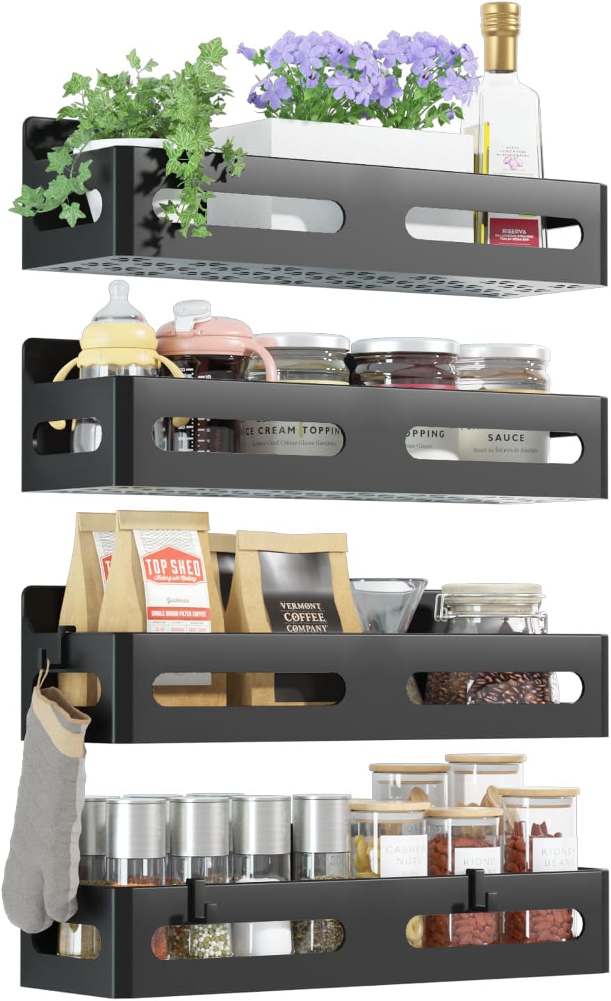 4 Pack Strong Magnetic Spice Rack for Refrigerator, Multipurpose Magnetic Shelf for Fridge with 4 Hooks for Kitchen and Bathroom Organization, Black
