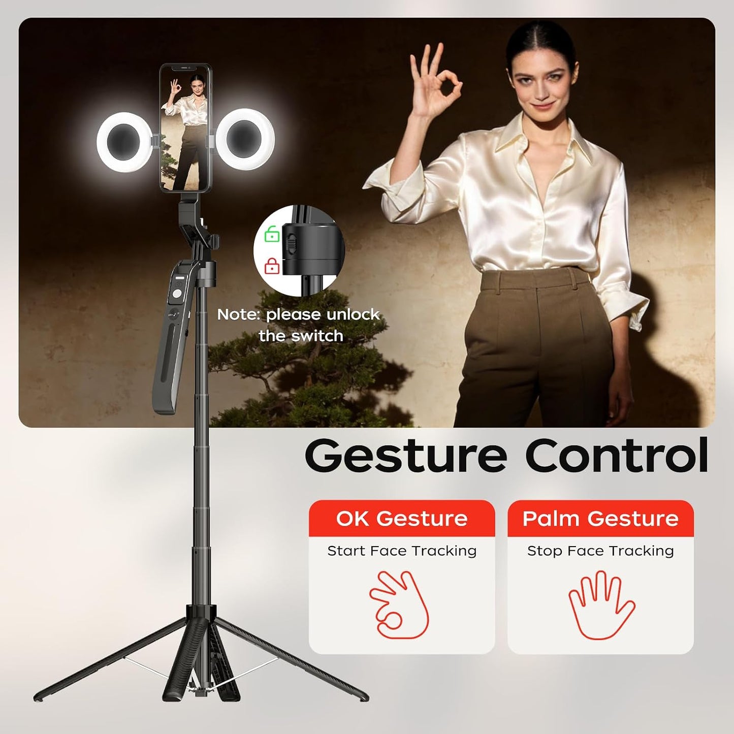 70.9" Auto Face Tracking Selfie Stick Tripod for Iphone Android with Lights, No App, 360°Rotation Tripod That Follows Your Movement with Remote Control for Live Streaming, Tiktok, Youtube
