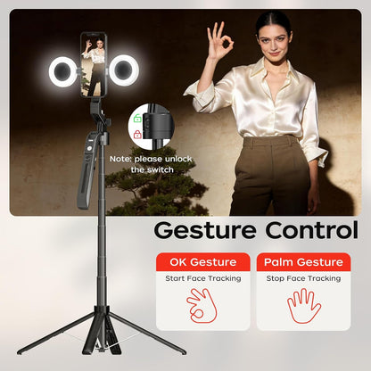 70.9" Auto Face Tracking Selfie Stick Tripod for Iphone Android with Lights, No App, 360°Rotation Tripod That Follows Your Movement with Remote Control for Live Streaming, Tiktok, Youtube