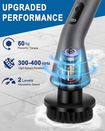 Electric Spin Scrubber -[Upgraded Version] [IPX7 Waterproof] Bathroom Scrubber Electric with 7 Brush Heads, 2 Speed, 400 RPM Power Scrubber with Detachable Long Handle for Bathroom, Home