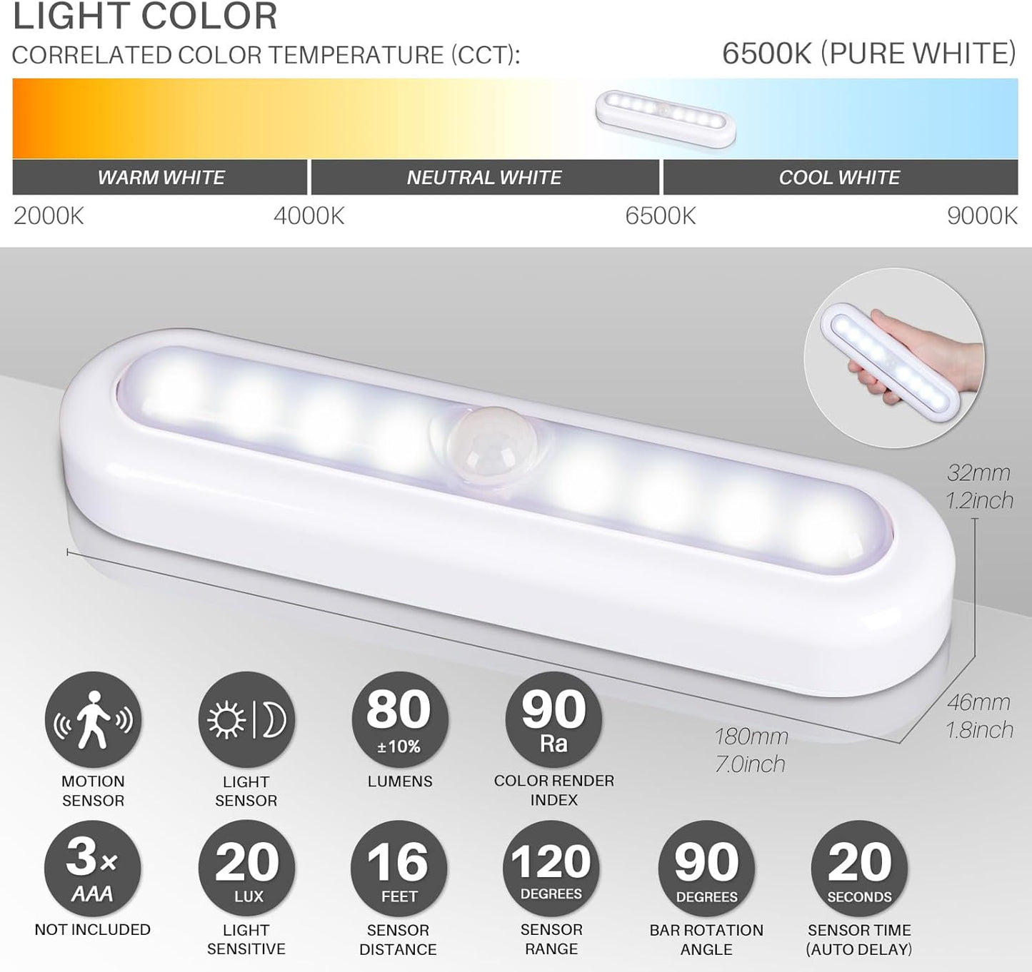 3 Pack 7” Motion Sensor Lights Indoor Battery Operated, Stick on LED Light for Closet, Stairs, under Cabinet, Cool White