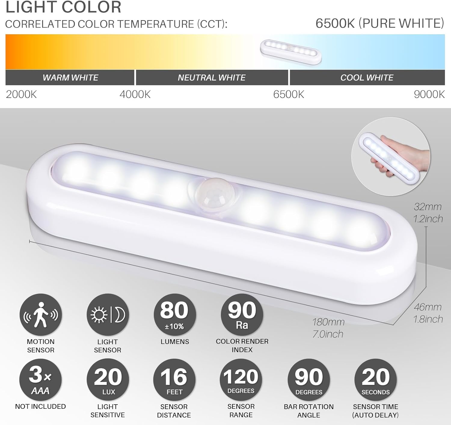 3 Pack 7” Motion Sensor Lights Indoor Battery Operated, Stick on LED Light for Closet, Stairs, under Cabinet, Cool White