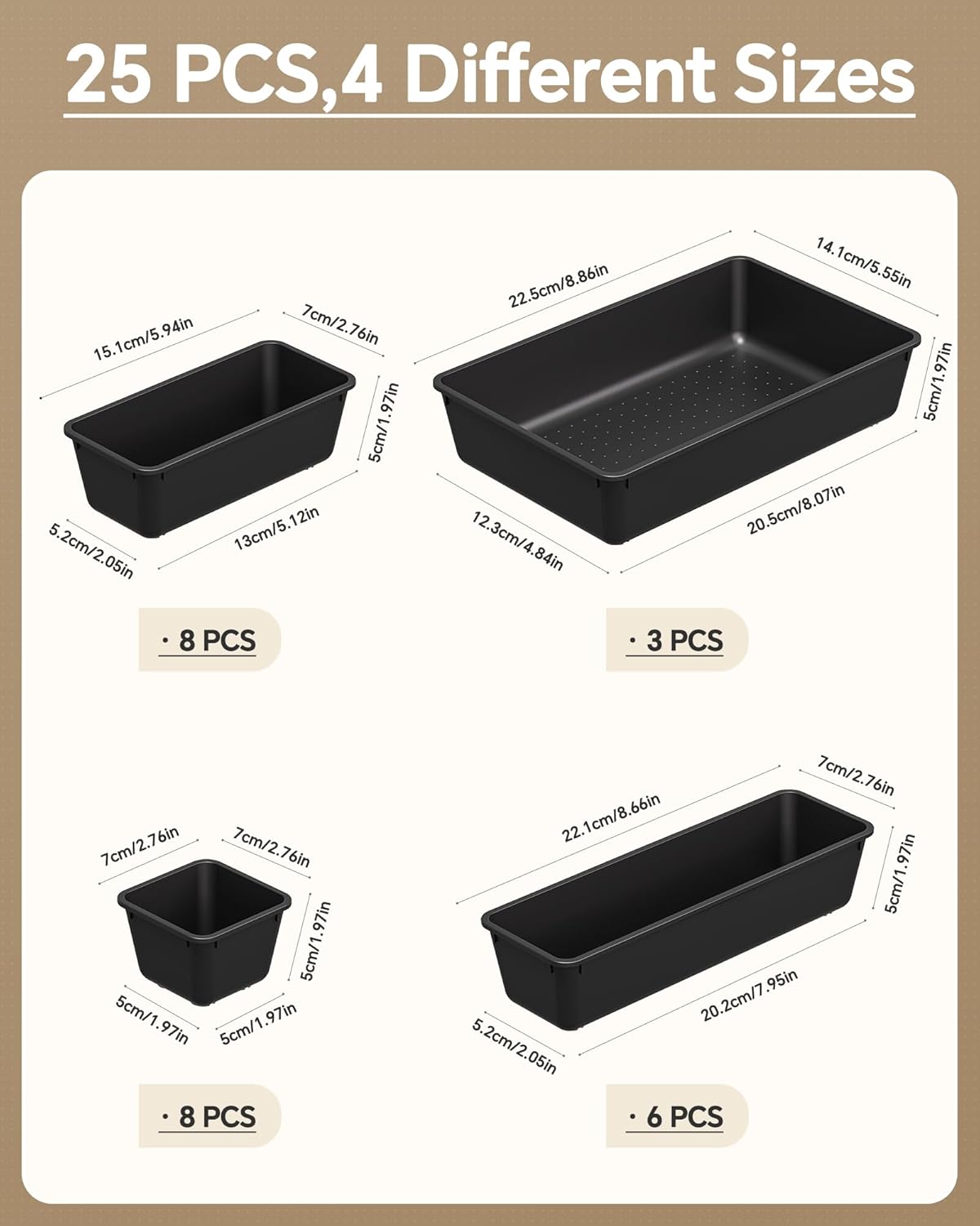 25 PCS Plastic Drawer Organizers Set, 4 Sizes Vanity Organizer, Makeup and Desk Drawer Organizer Trays, Organization and Storage for Makeup, Bathroom, Kitchen Utensils and Office (Black)