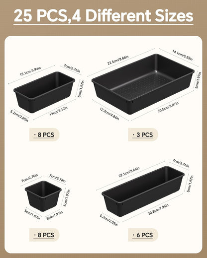 25 PCS Plastic Drawer Organizers Set, 4 Sizes Vanity Organizer, Makeup and Desk Drawer Organizer Trays, Organization and Storage for Makeup, Bathroom, Kitchen Utensils and Office (Black)