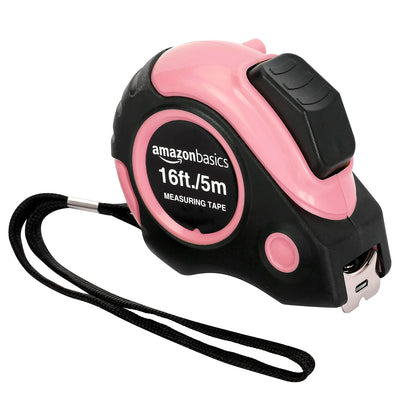 Retractable Tape Measure with Metric and SAE Measurements, 16Ft/5M, Belt Clip, Readable, Pink